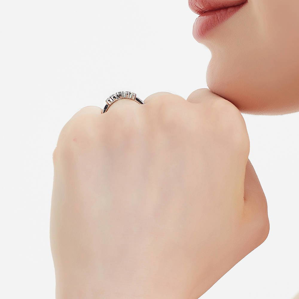 Model wearing 5-Stone Solitaire CZ Ring Set in Sterling Silver, 12 of 13