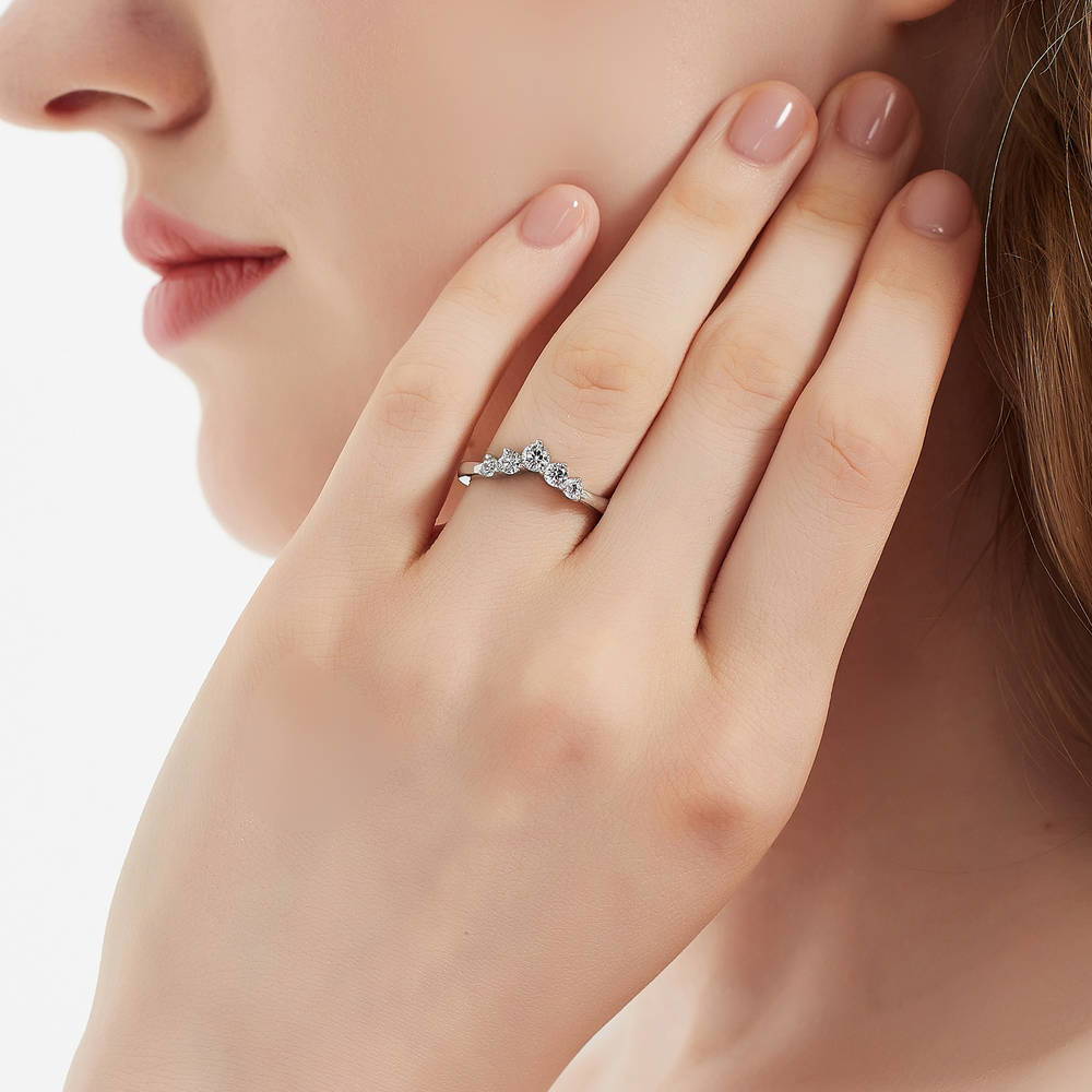 Model wearing 5-Stone Solitaire CZ Ring Set in Sterling Silver, 10 of 13