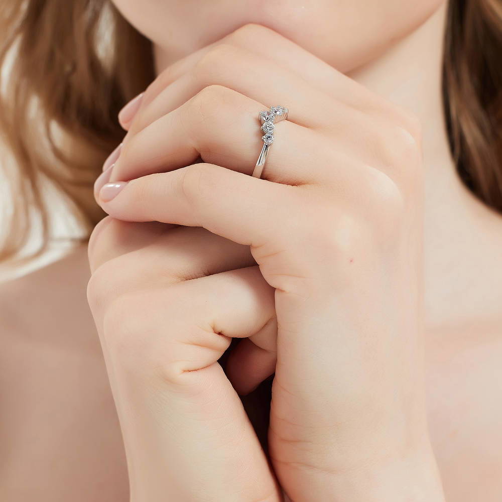 Model wearing 5-Stone Solitaire CZ Ring Set in Sterling Silver, 11 of 13