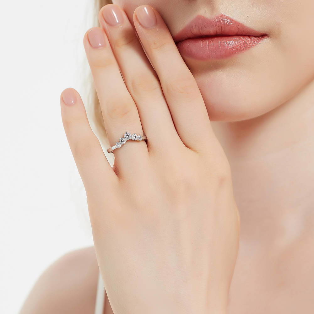 Model wearing 5-Stone Solitaire CZ Ring Set in Sterling Silver, 9 of 13