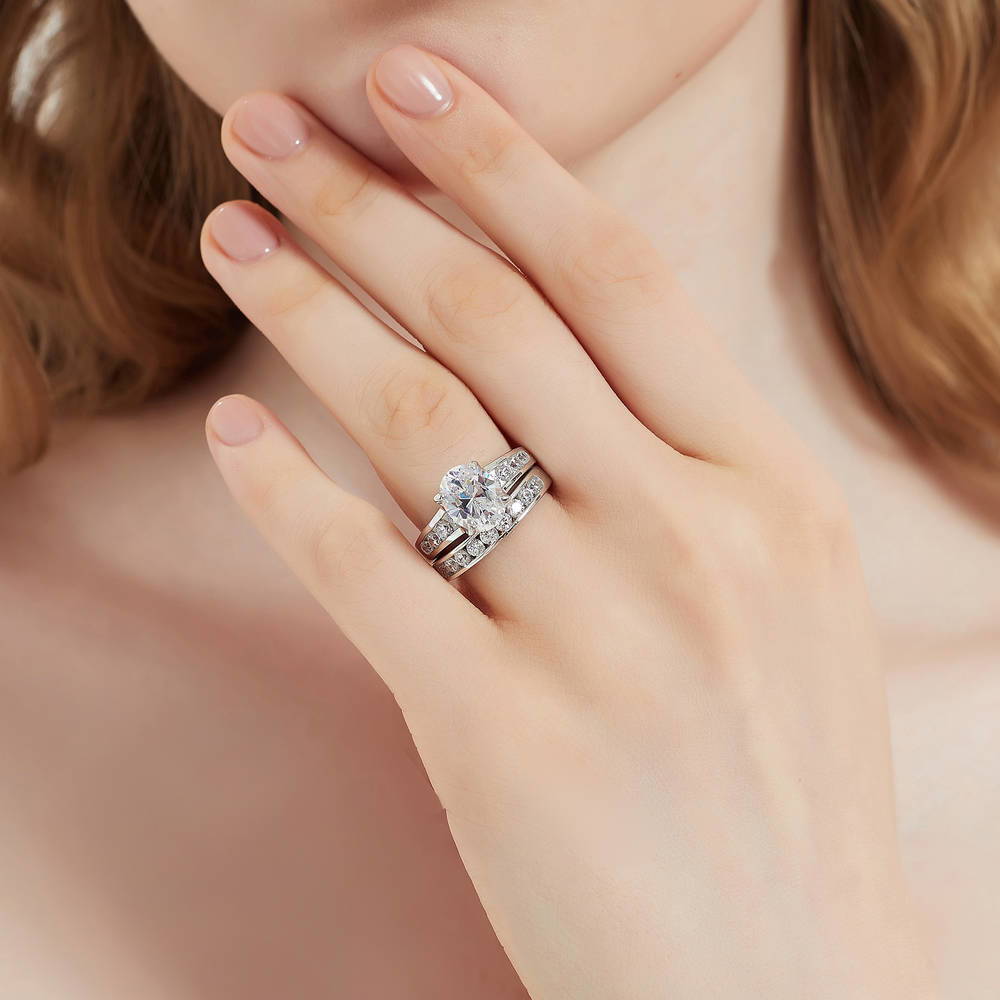 Model wearing Solitaire 2.5ct Oval CZ Ring Set in Sterling Silver, 2 of 17