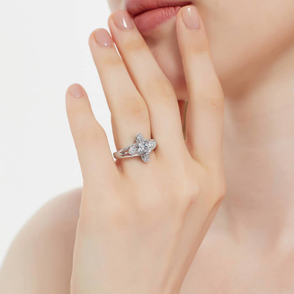 Model wearing Flower CZ Ring in Sterling Silver, 3 of 9