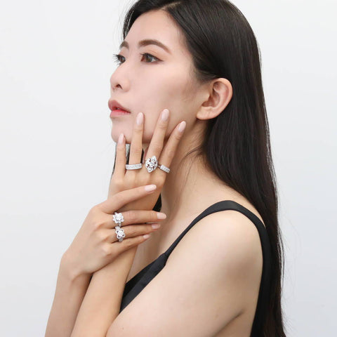 Image Contain: Model Wearing Flower Ring, Half Eternity Ring, Milgrain Ring