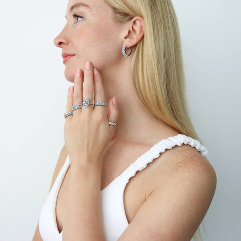 Image Contain: Model Wearing 5-Stone Band, 5-Stone Hoop Earrings, 5-Stone Ring, Solitaire with Side Stones Ring