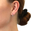 Model wearing Rectangle CZ Mini Hoop Earrings in Sterling Silver 0.46 inch, Rhodium Plated