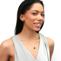 Model wearing Square CZ Necklace and Earrings in Sterling Silver, Green Color