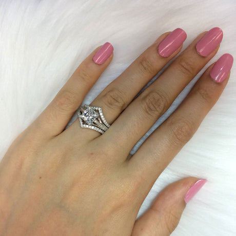 Model Wearing Solitaire with Side Stones Ring, Wishbone Curved Eternity Ring