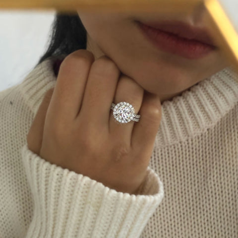 Image Contain: Model Wearing Half Eternity Ring, Halo Ring