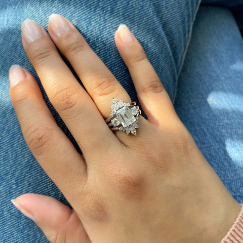 Image Contain: Model Wearing 3-Stone Ring, Flower Curved Band