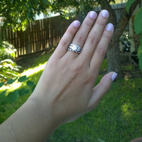 Model Wearing 3-Stone Ring, 5-Stone Curved Half Eternity Ring, Eternity Ring