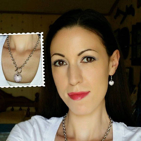 Image Contain: Model Wearing Heart Dangle Earrings, Heart Pendant Necklace