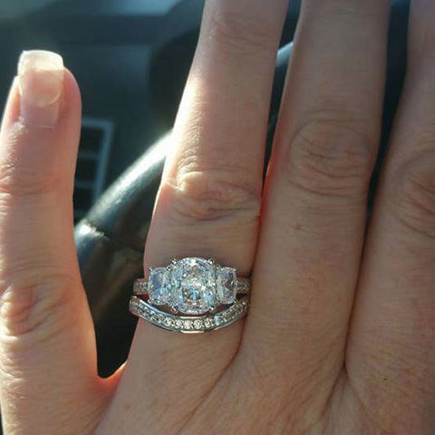 Image Contain: Model Wearing 3-Stone Ring, Curved Half Eternity Ring