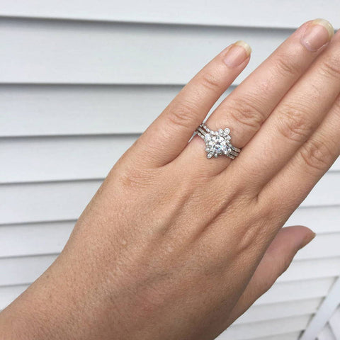 Image Contain: Model Wearing 3-Stone Ring, Flower Ring