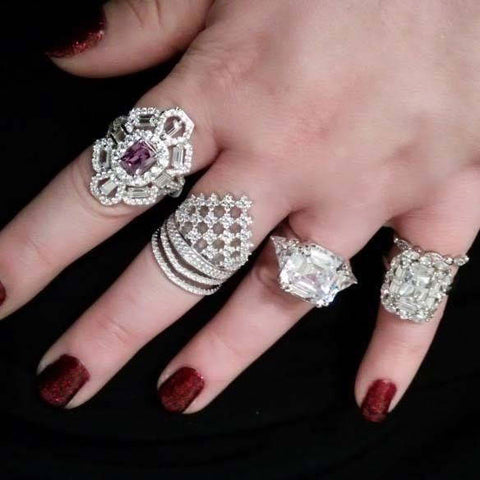 Image Contain: Model Wearing 3-Stone Ring, Bubble Eternity Ring, Checkerboard Ring, Halo Ring, Navette Ring