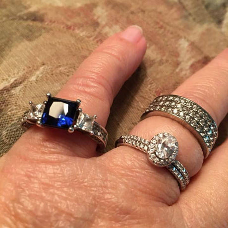 Model Wearing 3-Stone Ring, Half Eternity Ring, Halo Ring