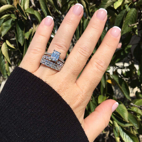 Image Contain: Model Wearing Art Deco Half Eternity Ring, Eternity Ring, Solitaire with Side Stones Ring