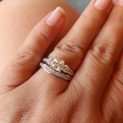 Image Contain: Model Wearing 3-Stone Ring, Curved Half Eternity Ring