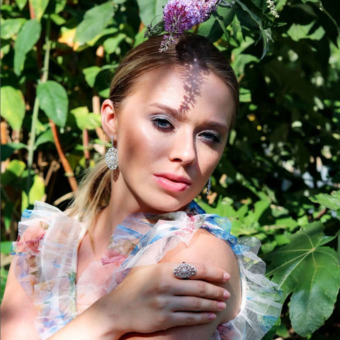 Image Contain: Model Wearing Flower Dangle Earrings, Flower Ring