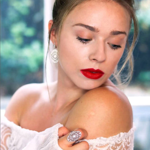 Image Contain: Model Wearing Flower Dangle Earrings, Flower Ring