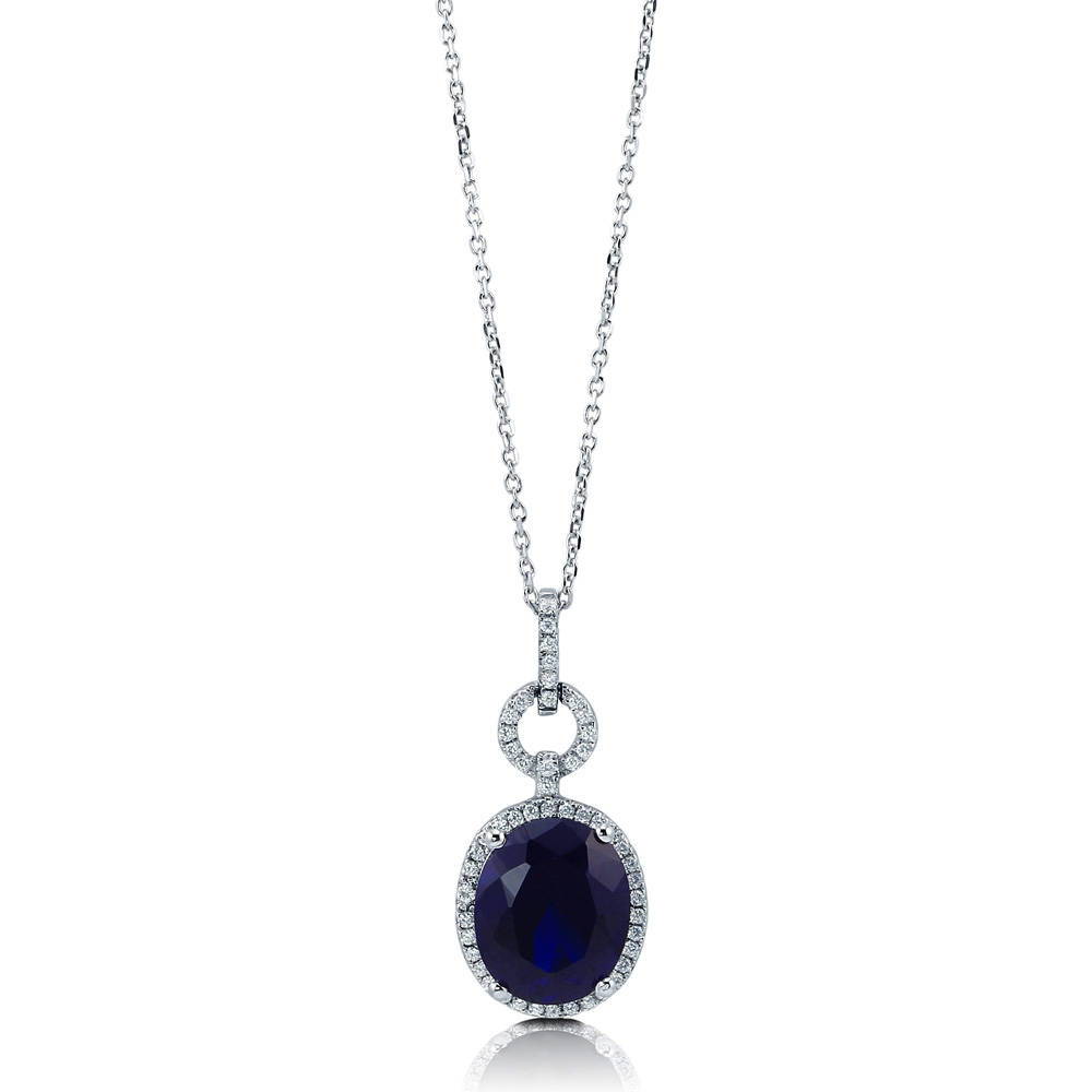 Sterling Silver Halo Simulated Blue Sapphire Oval CZ Pendant
