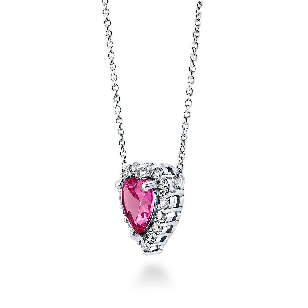 Sterling Silver Halo Heart Pink CZ Anniversary Pendant Necklace