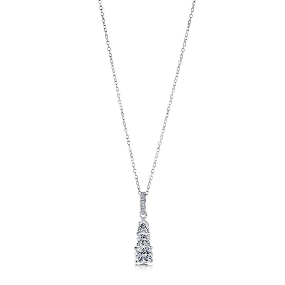 Front view of 3-Stone Graduated Round CZ Pendant Necklace in Sterling Silver, 4 of 7