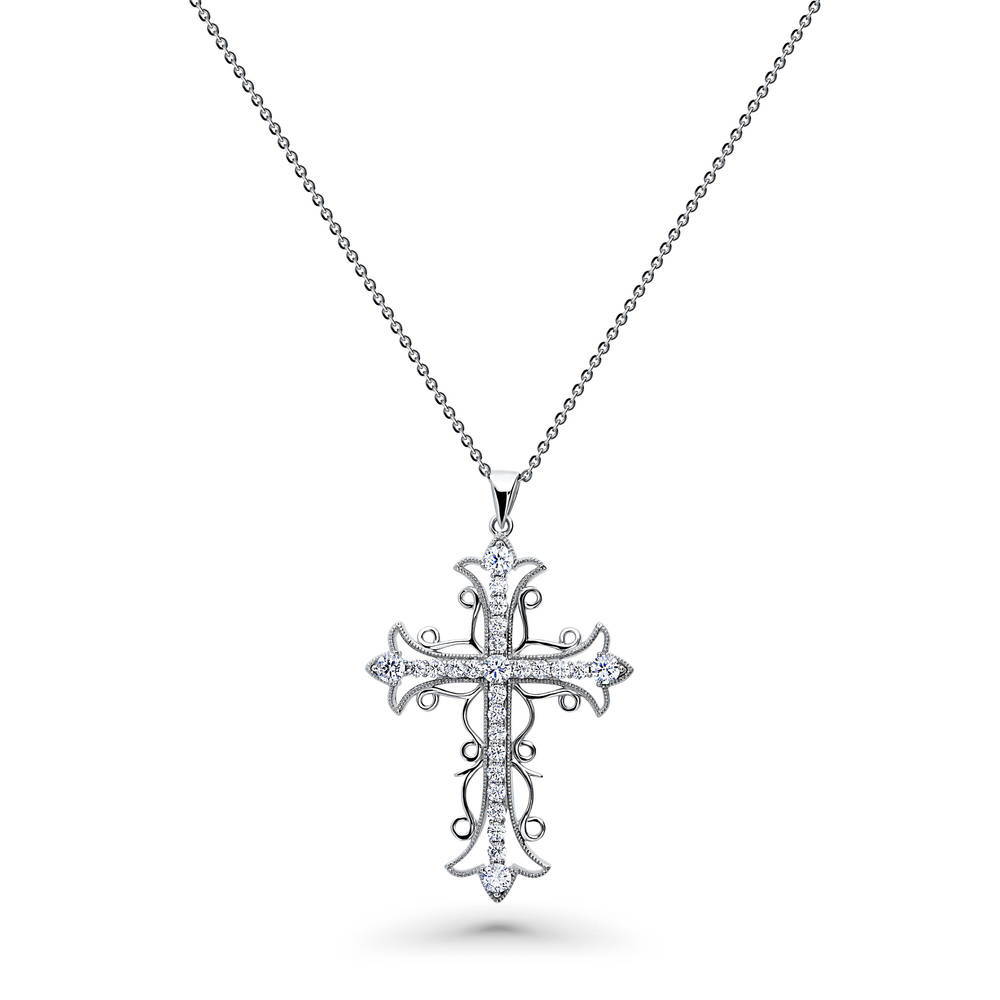 Cross Milgrain CZ Necklace in Sterling Silver, 1 of 5