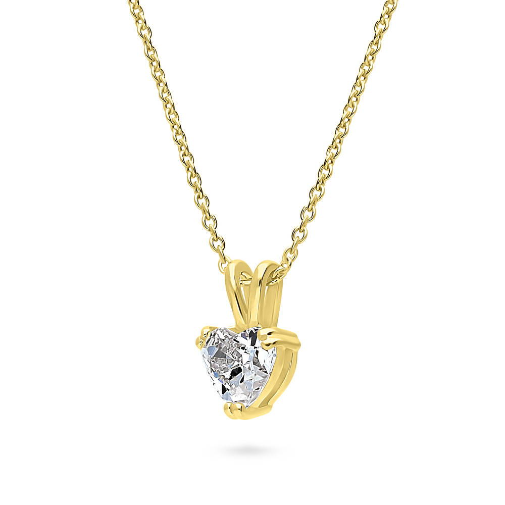 Front view of Solitaire Heart Heart CZ Necklace in Gold Flashed Sterling Silver, 4 of 6