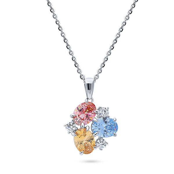 Sterling Silver Cluster Morganite Color CZ Pendant Necklace