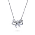 Front view of Bow Tie Ribbon Necklace and Earrings in Sterling Silver, Style 1