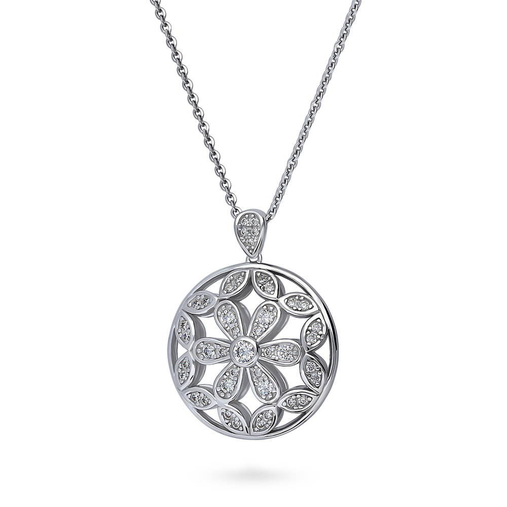 Front view of Flower Medallion CZ Necklace in Sterling Silver, 4 of 7