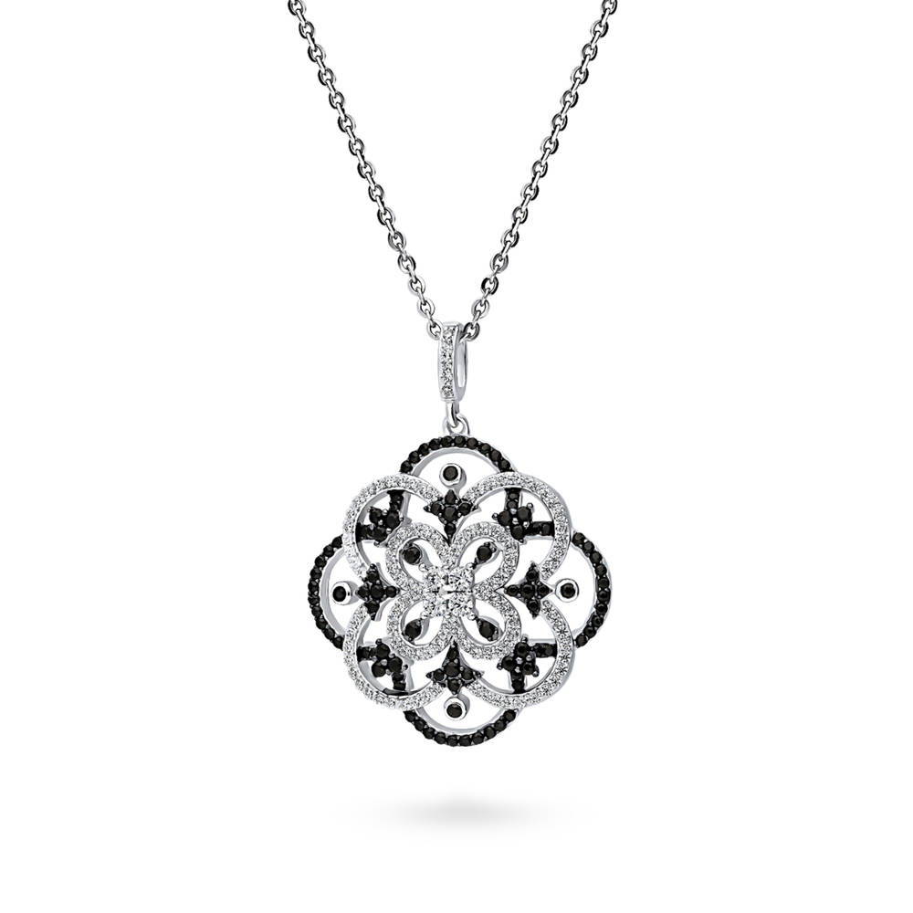 Sterling Silver Flower Black and White CZ Statement Pendant