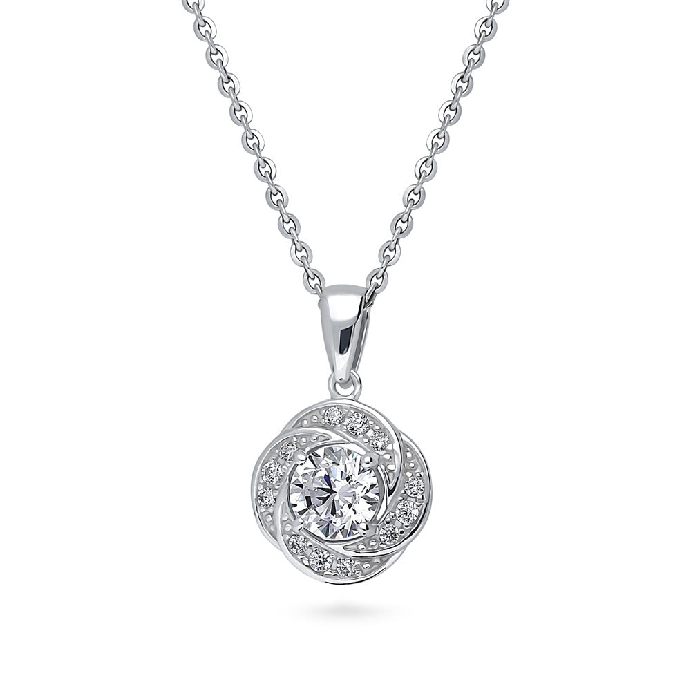 Front view of Flower Woven CZ Pendant Necklace in Sterling Silver, 4 of 9