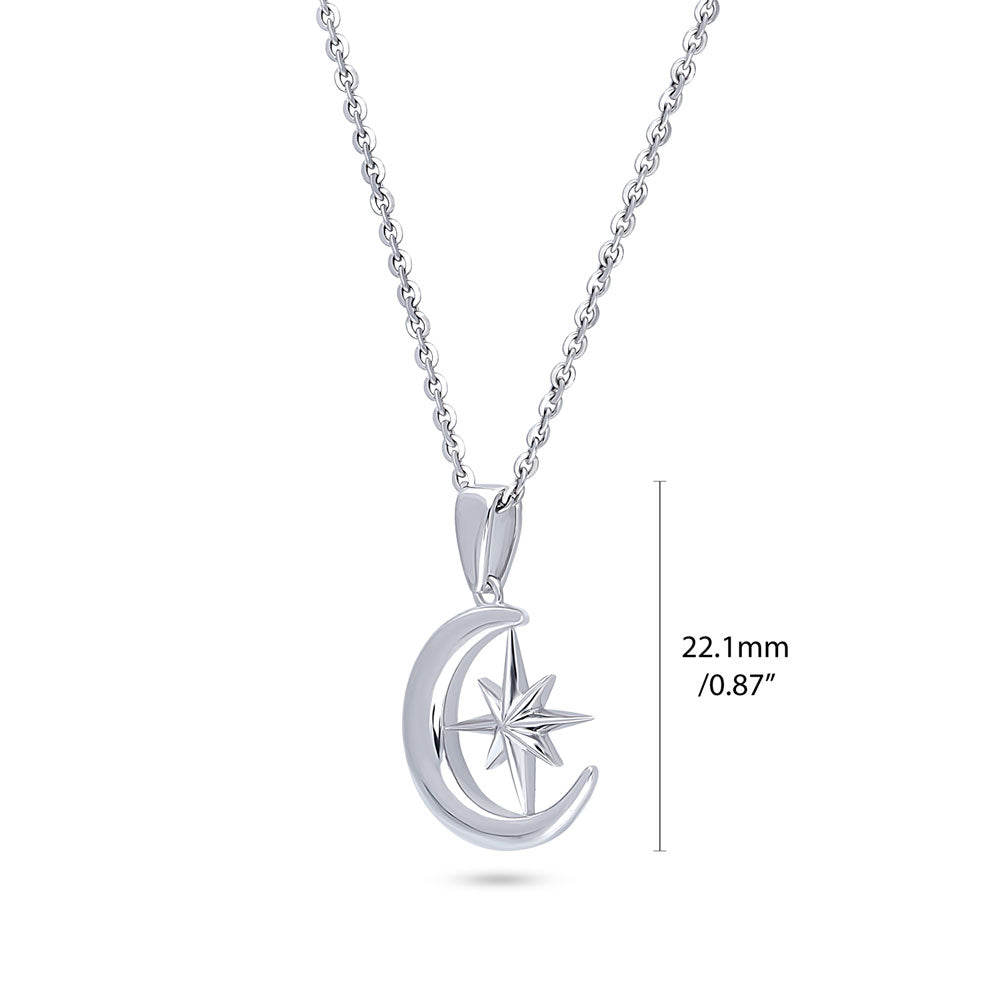 Sterling Silver Crescent Moon North Star Fashion Pendant Necklace 