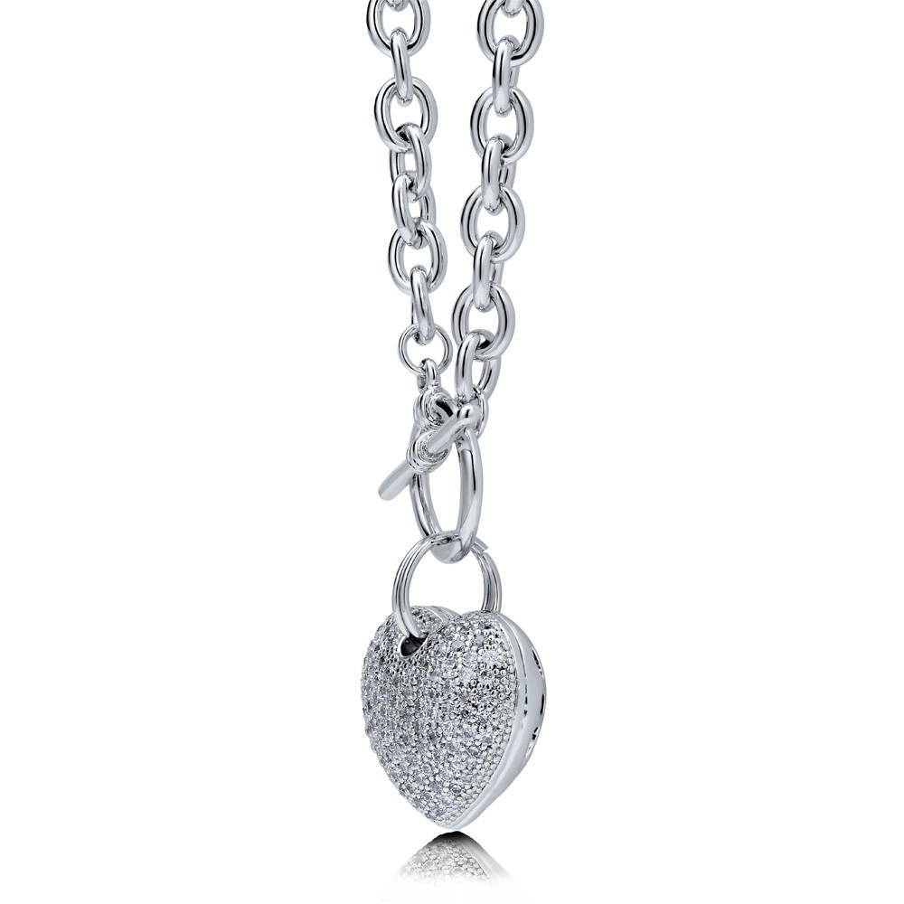 Silver-Tone Heart CZ Anniversary Toggle Pendant Necklace #N359-03