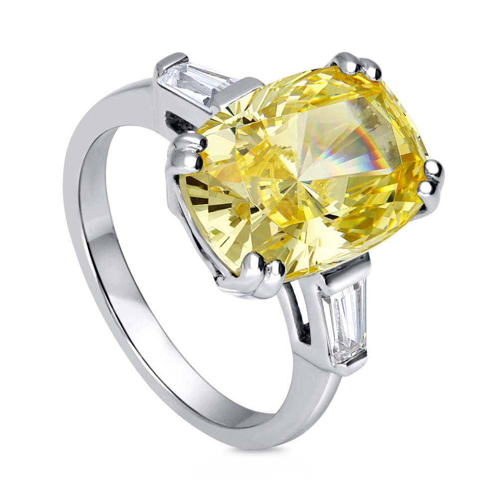 Sterling Silver 3-Stone Canary Cushion CZ Cocktail Anniversary