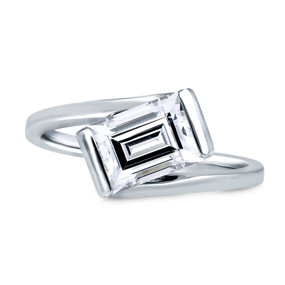 Solitaire Bypass 1.7ct Emerald Cut CZ Ring in Sterling Silver, 1 of 7