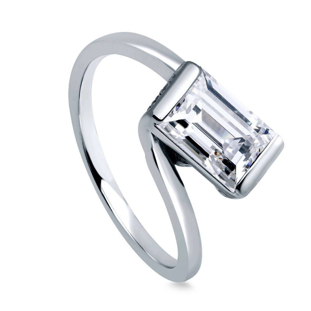 Front view of Solitaire Bypass 1.7ct Emerald Cut CZ Ring in Sterling Silver, 4 of 7