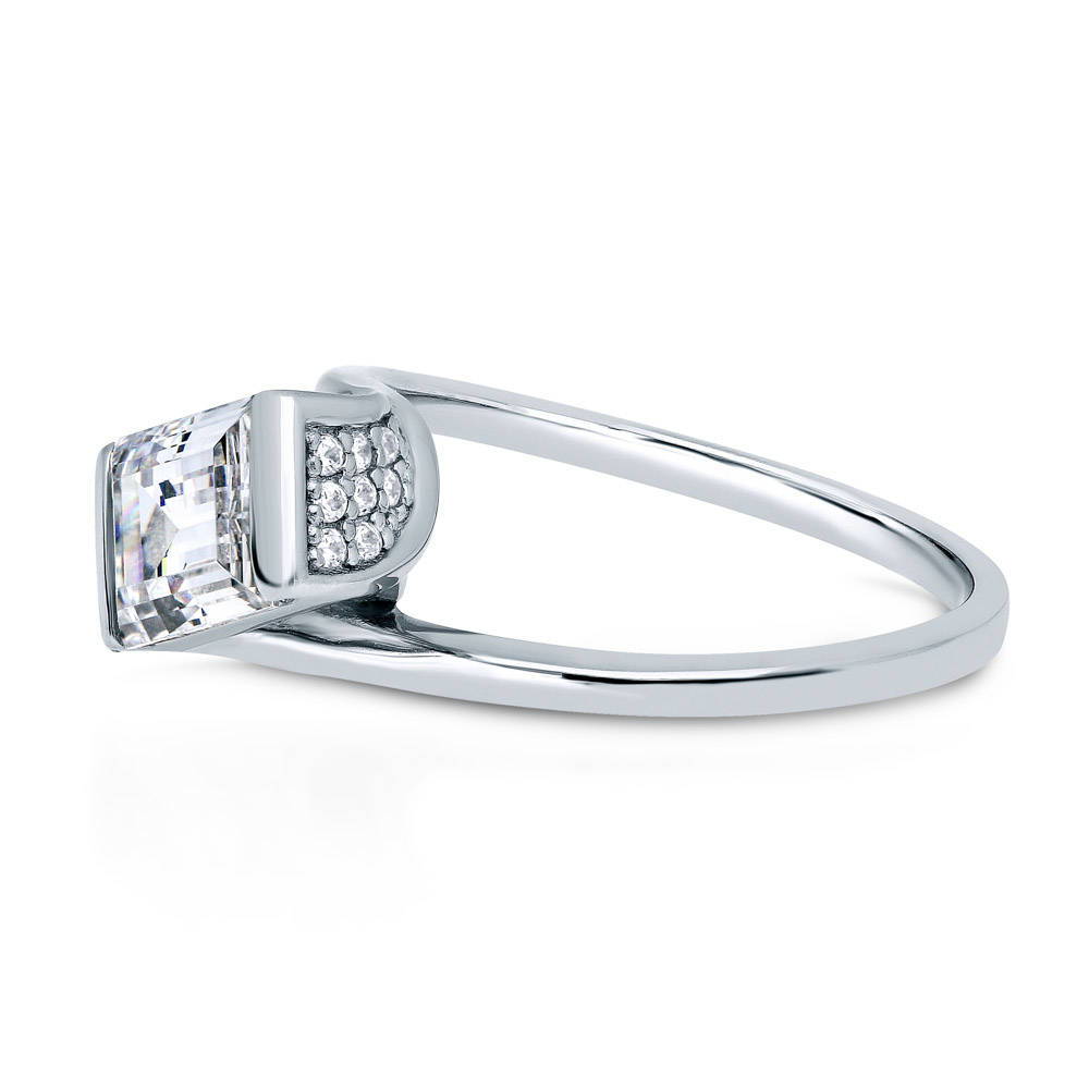 Angle view of Solitaire Bypass 1.7ct Emerald Cut CZ Ring in Sterling Silver, 5 of 7