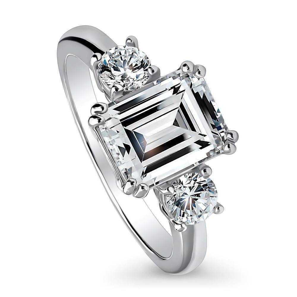 Sterling Silver 3-Stone Emerald Cut CZ Wedding Engagement Promise