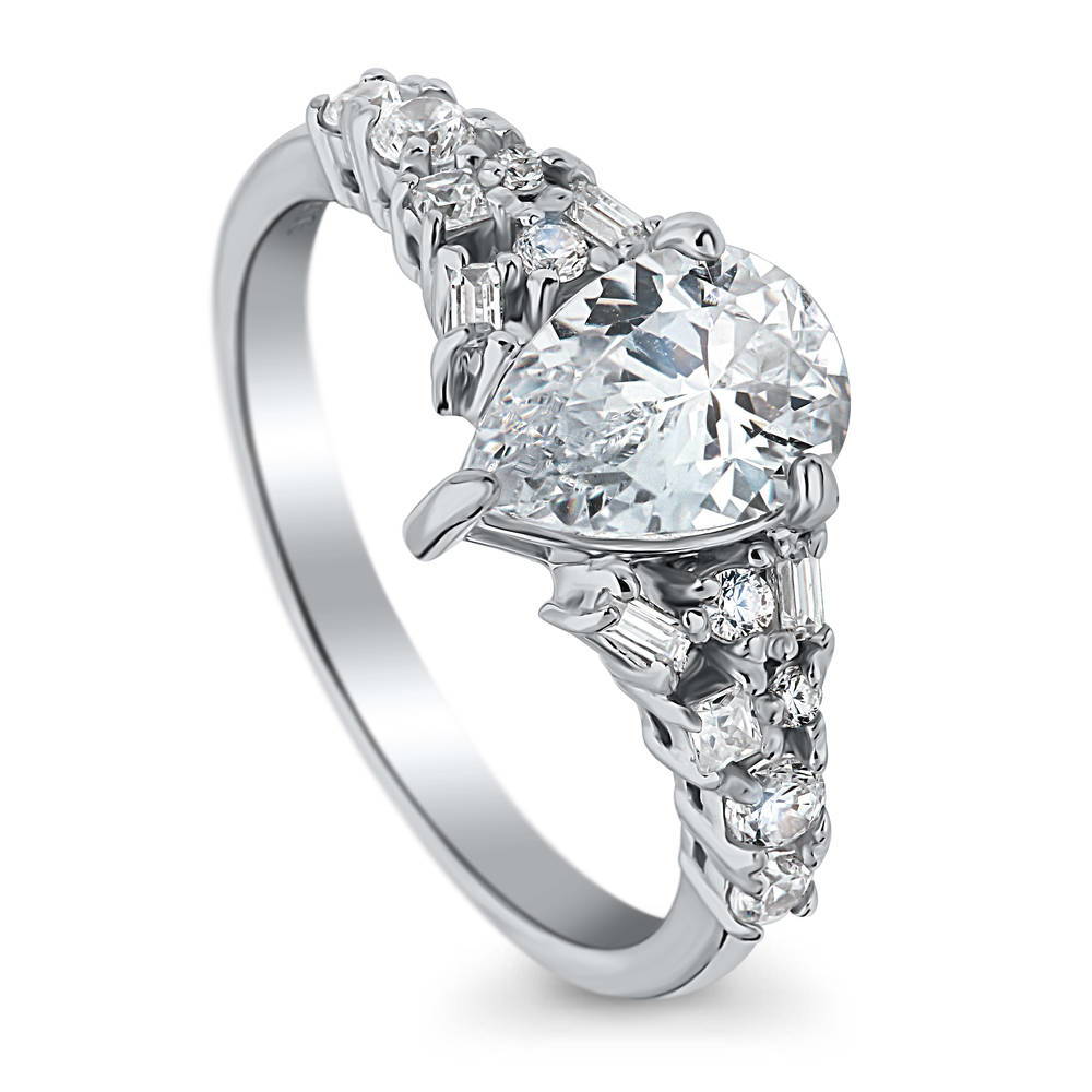 Front view of Solitaire 1.3ct Pear CZ Ring in Sterling Silver, 4 of 7