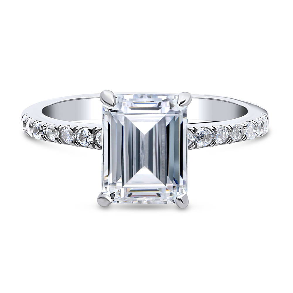 Solitaire Hidden Halo Emerald Cut CZ Ring in Sterling Silver, 1 of 8