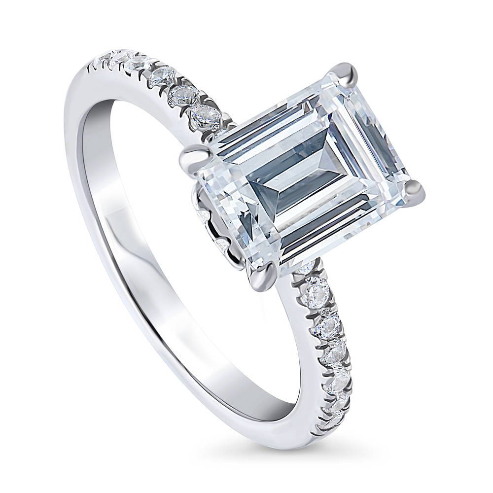 Front view of Solitaire Hidden Halo Emerald Cut CZ Ring in Sterling Silver, 4 of 8