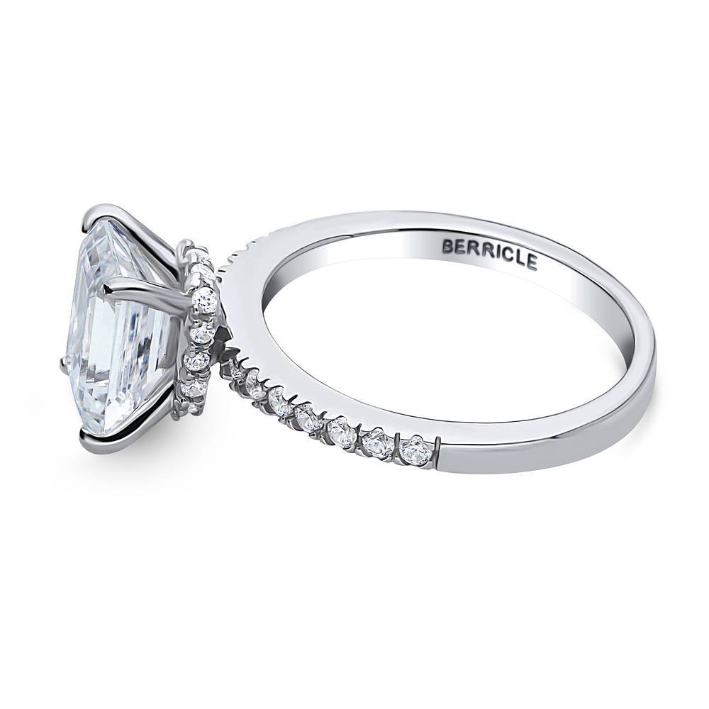 Angle view of Solitaire Hidden Halo Emerald Cut CZ Ring in Sterling Silver, 5 of 8