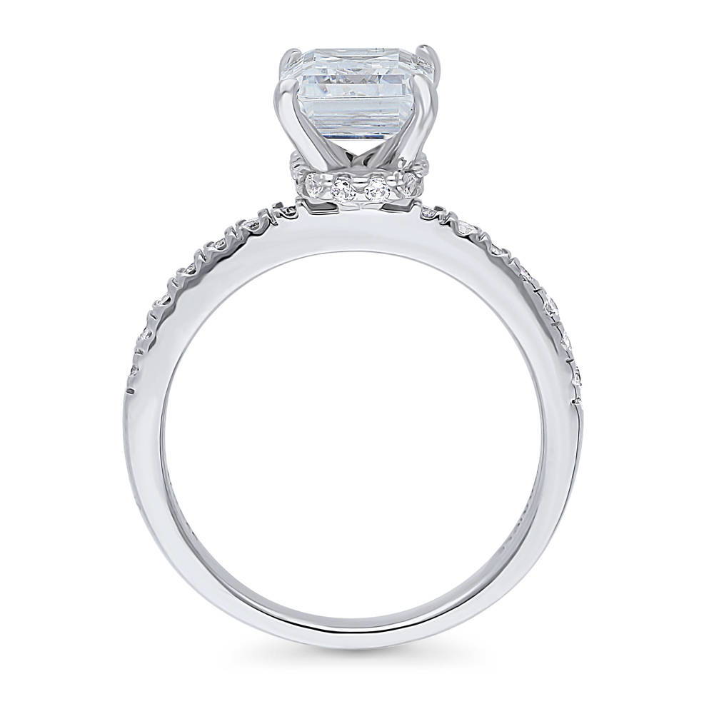 Alternate view of Solitaire Hidden Halo Emerald Cut CZ Ring in Sterling Silver, 7 of 8