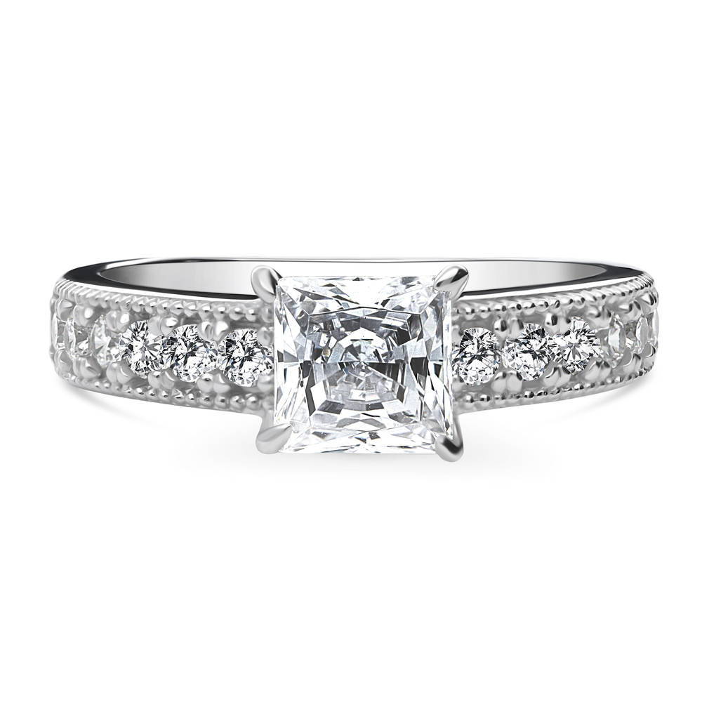 Solitaire Milgrain 1.2ct Princess CZ Ring in Sterling Silver, 1 of 9