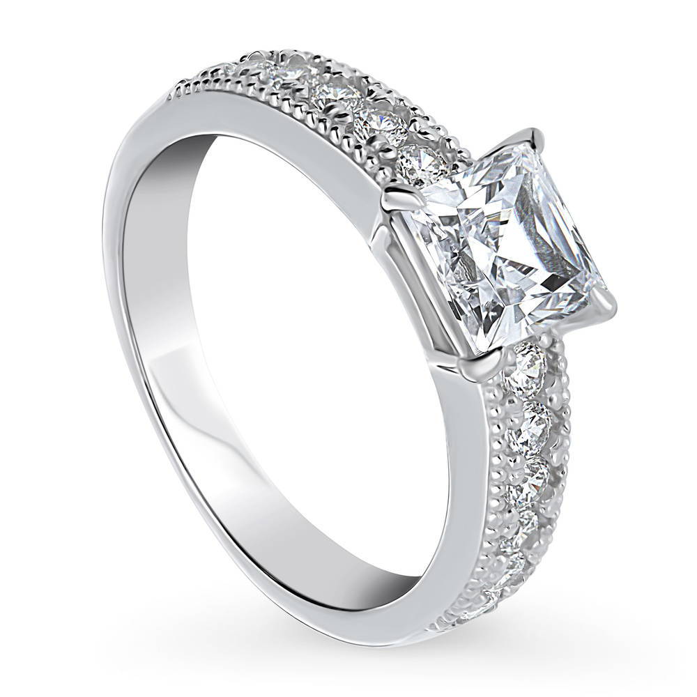 Front view of Solitaire Milgrain 1.2ct Princess CZ Ring in Sterling Silver, 4 of 9