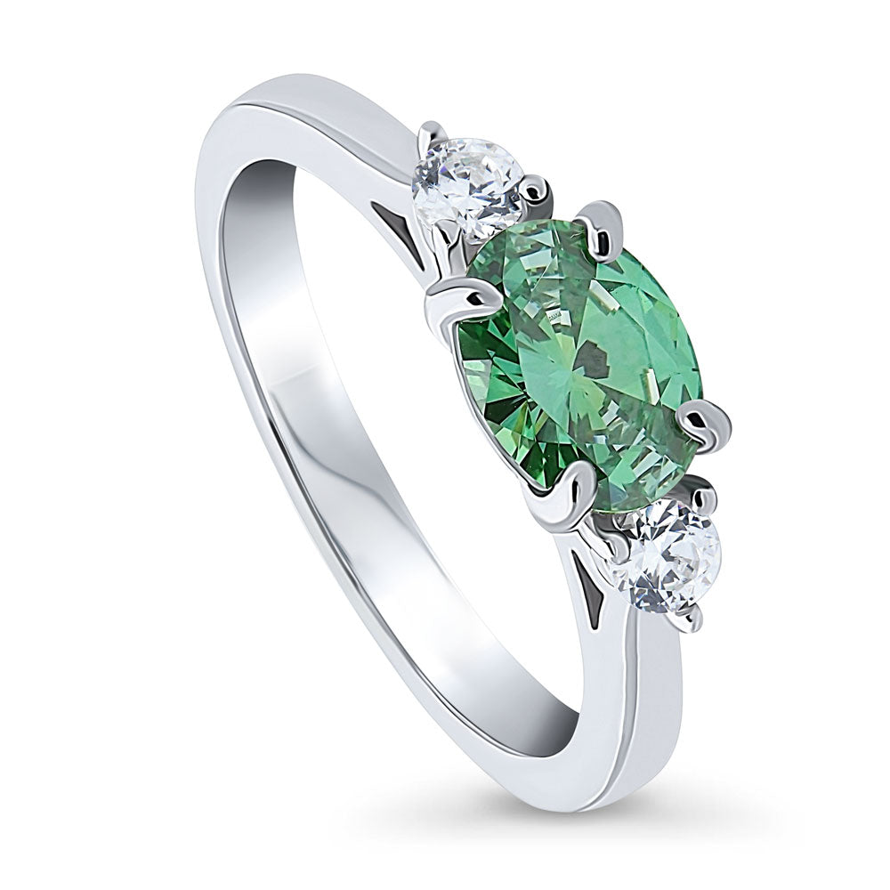 Front view of 3-Stone East-West Green Oval CZ Ring in Sterling Silver 1.2ct, 4 of 8