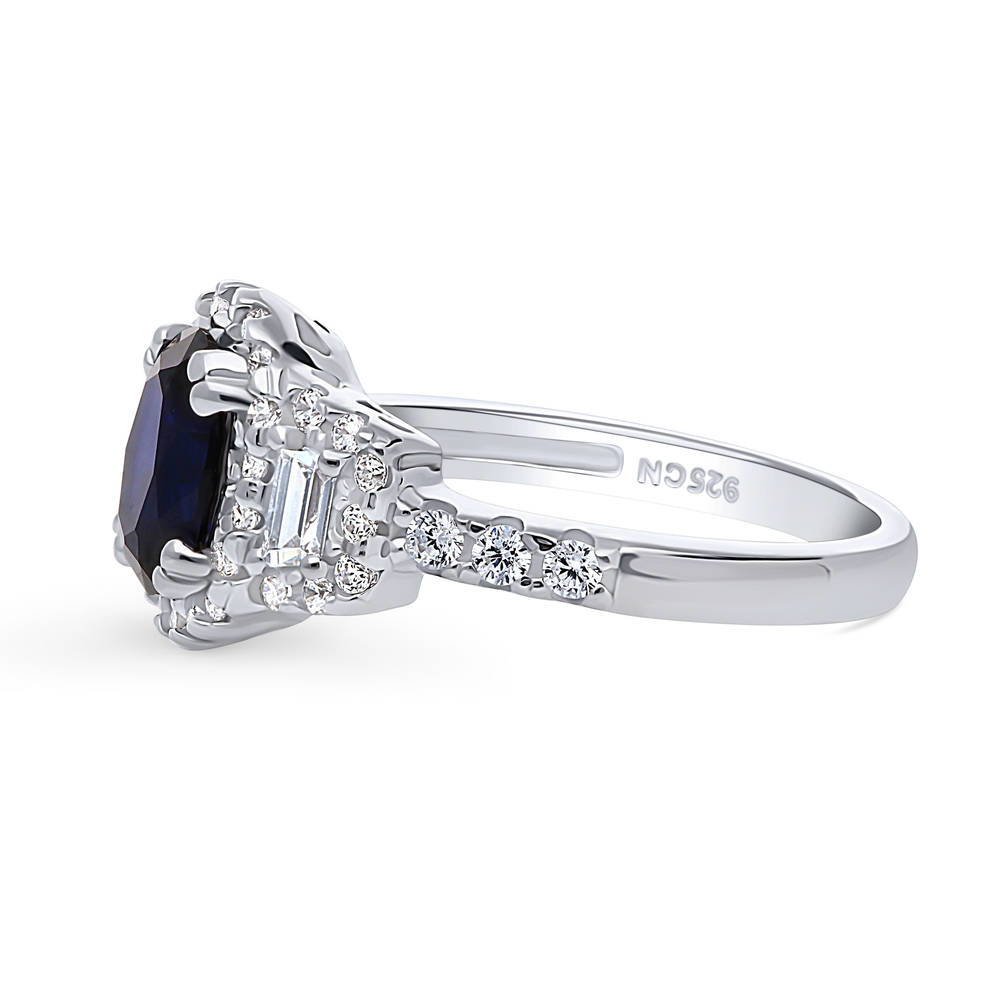 Rhodium Plated 3-Stone Sapphire Blue Oval Cut CZ Halo Ring 2024 | Captivating Jewelry | Three Stone Halo Engagement Sterling Silver Wedding Ring