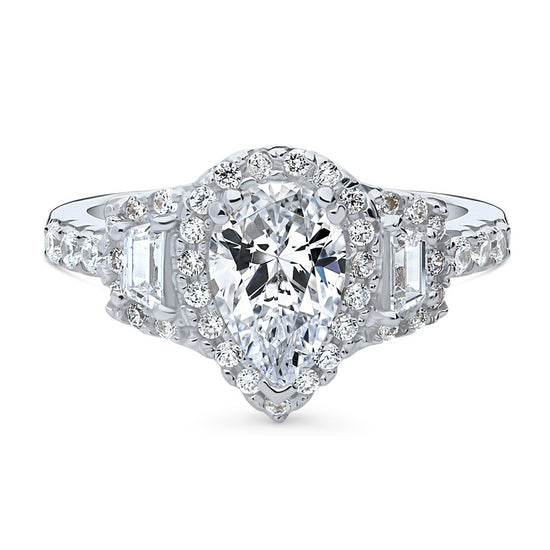 Sterling Silver 3-Stone Halo Pear CZ Wedding Engagement Ring #R1672-01 ...